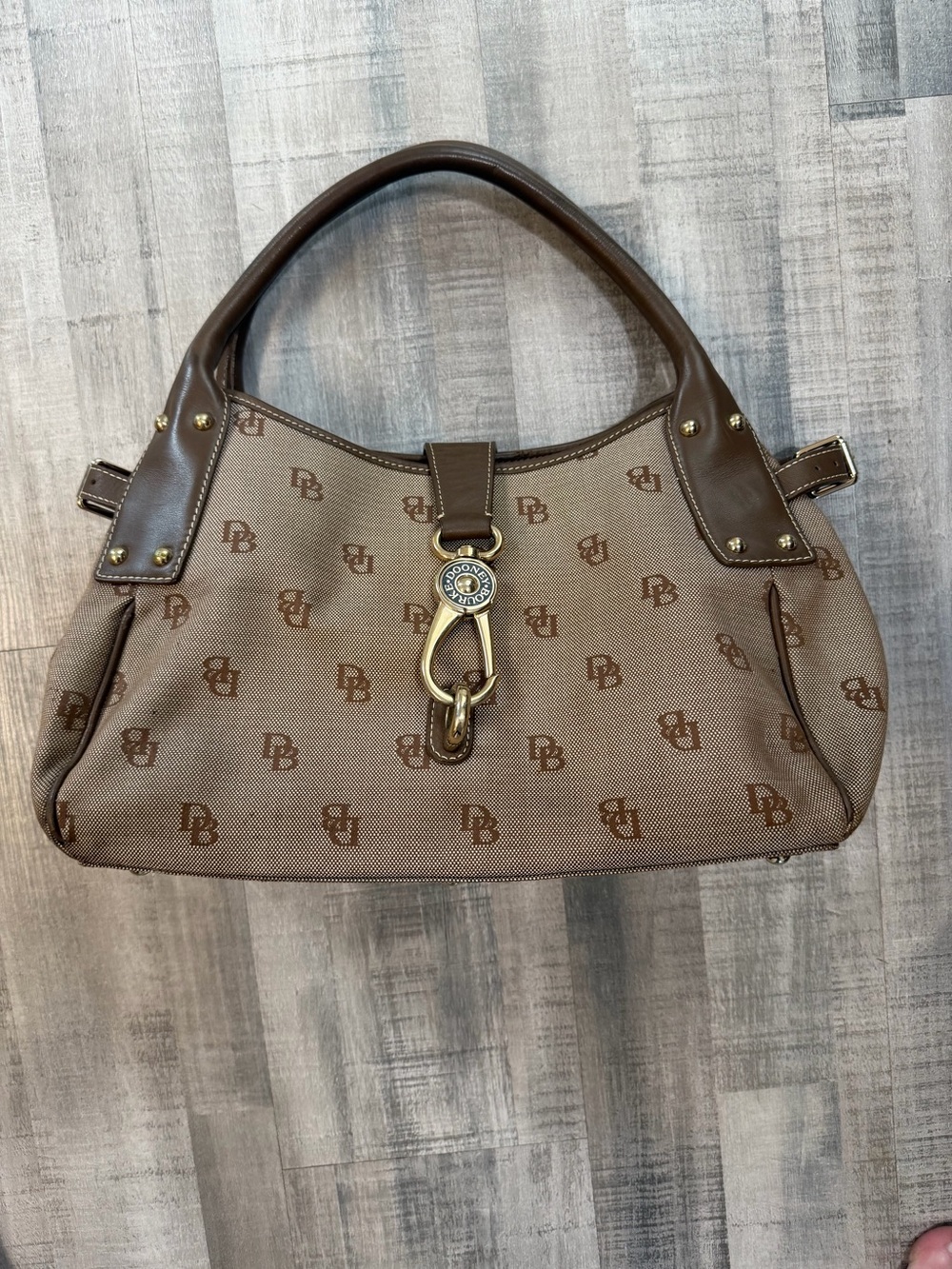 Dooney & Bourke Signature Monogram Satchel Handbag Brown Tan Pink Lining